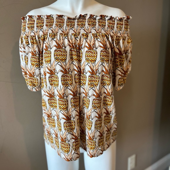 Porridge Anthropologie Pineapple Print Bow-back Off the Shoulder Shirt Large - Picture 10 of 10